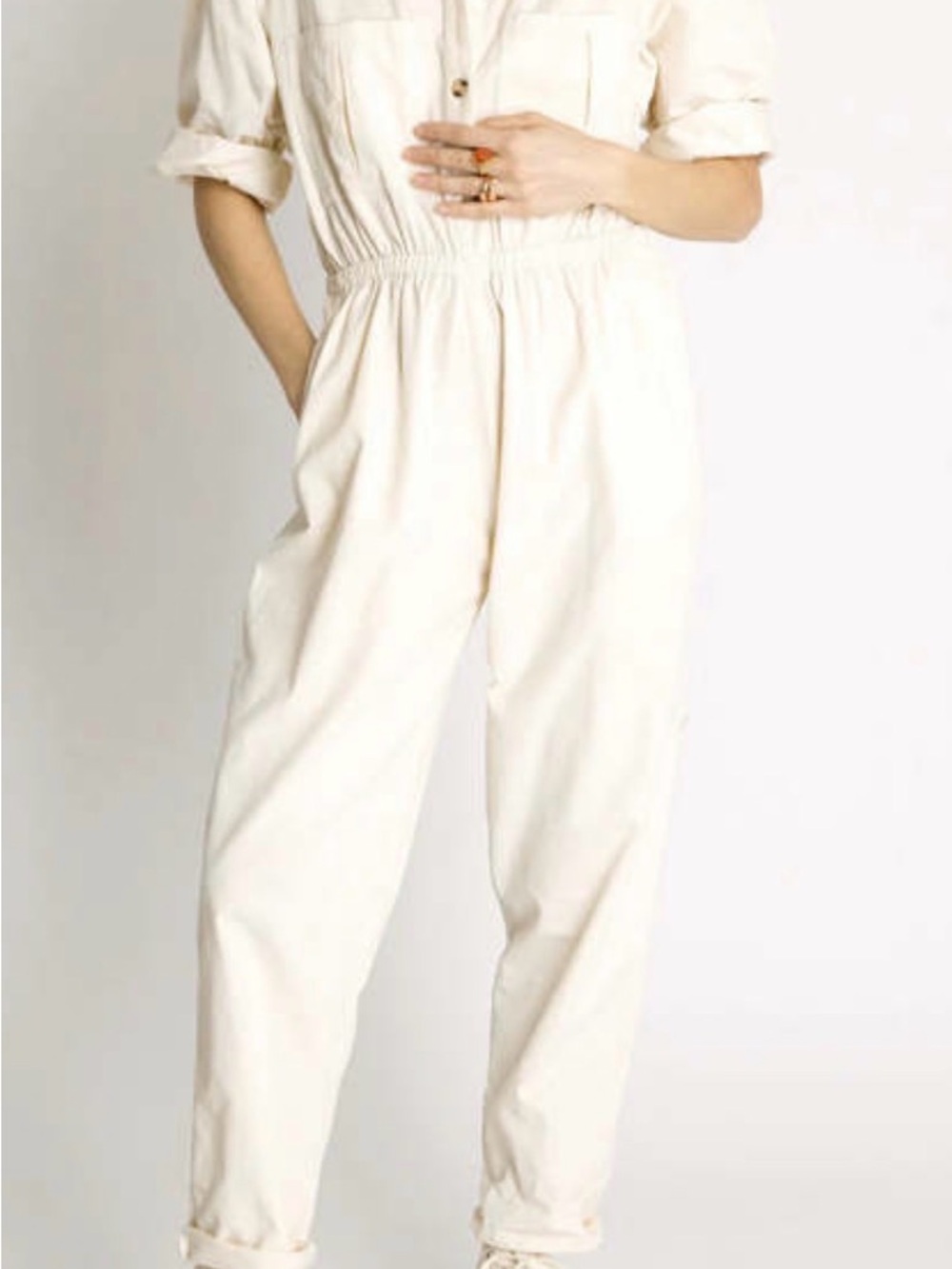 Suzi Kondi Cream Elastic-Waist Utility Jumpsuit